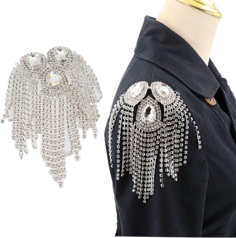 Qlavoca Crystal Fringe Shoulder Epaulette Rhinestones Appliques Stitch Patches for DIY Women Fashion Accessories 2pcs/Pack - Image 1